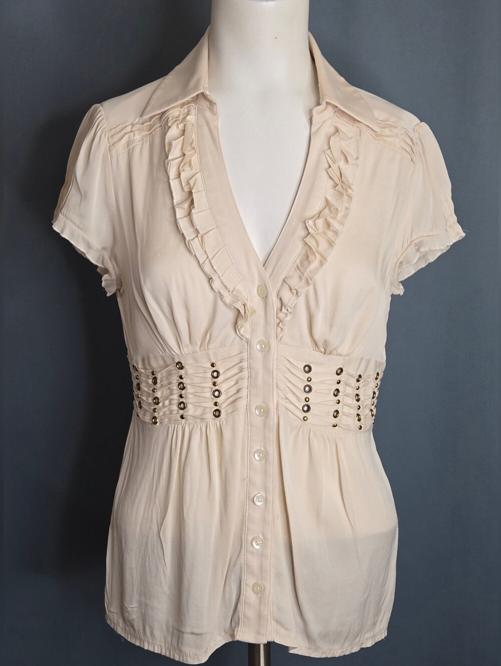 bebe Ivory Silk Feel Ruffle Studded Empire Waist Blouse Top NWOT S
